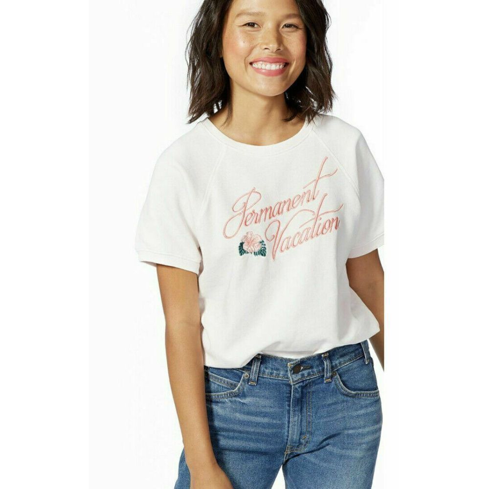 Ban.do Sweatshirt Ivory and Pink "Permanent Vacation" Rose Short Sleeve Size 2XL